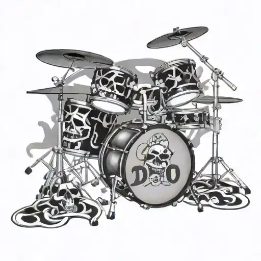 Acoustic drum kit with skulls and musical notes, with the name DIEGO on the bass drum head all in 3D