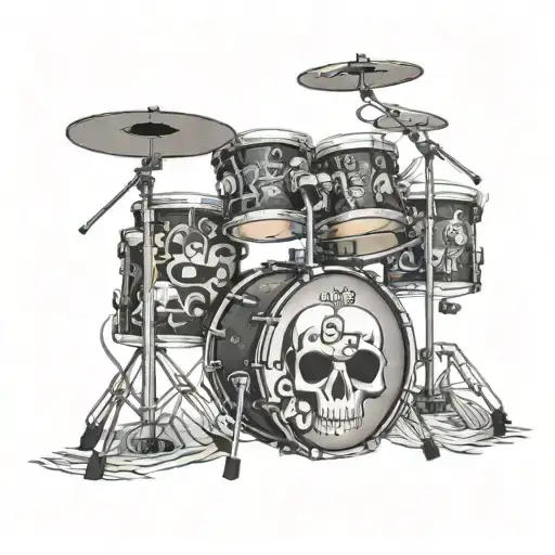 Acoustic drum kit with skulls and musical notes, with the name DIEGO on the bass drum head all in 3D - Variation 2