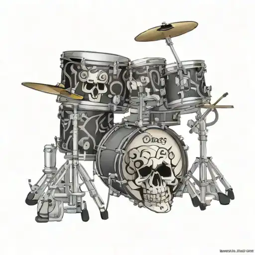 Acoustic drum kit with skulls and musical notes, with the name DIEGO on the bass drum head all in 3D - Variation 3