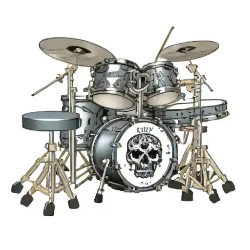 Acoustic drum kit with skulls and musical notes, with the name DIEGO on the bass drum head all in 3D - Variation 4
