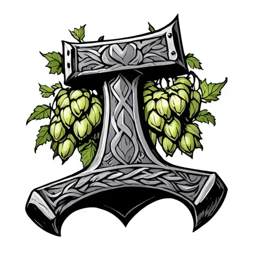 Thor's hammer entwined with hop cones and vines