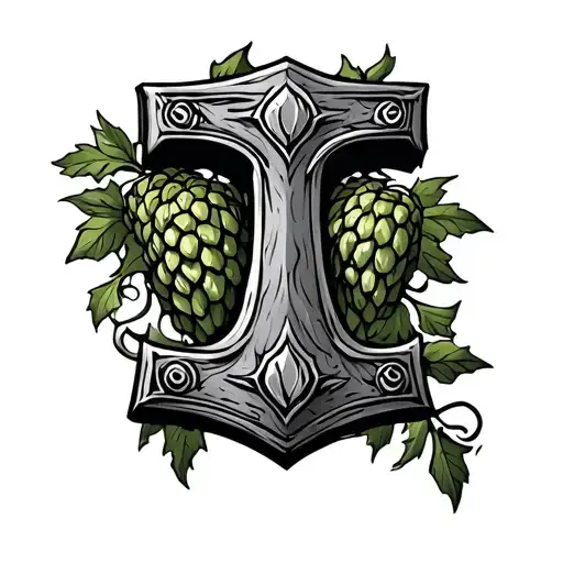 Thor's hammer entwined with hop cones and vines - Variation 2