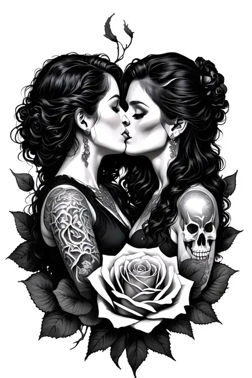 woman kissing a woman surrounded by dead rose - Variation 1