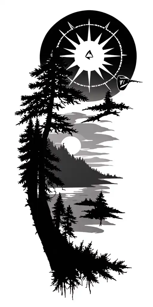 nature, pinetrees. sunset, compass rose