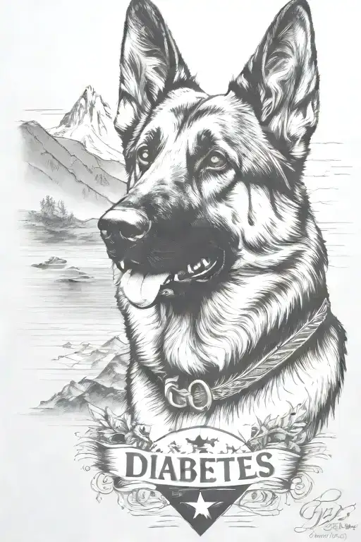 German shepherd portrait bracelet saying "diabetes" mountain scene American flag waving