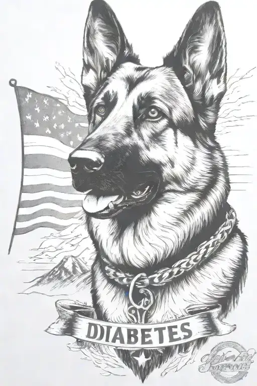 German shepherd portrait bracelet saying "diabetes" mountain scene American flag waving - Variation 2