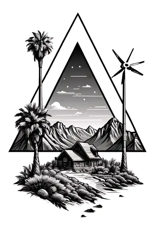 palm springs mountains and 3 triangles add windmills and palm trees - Variation 3