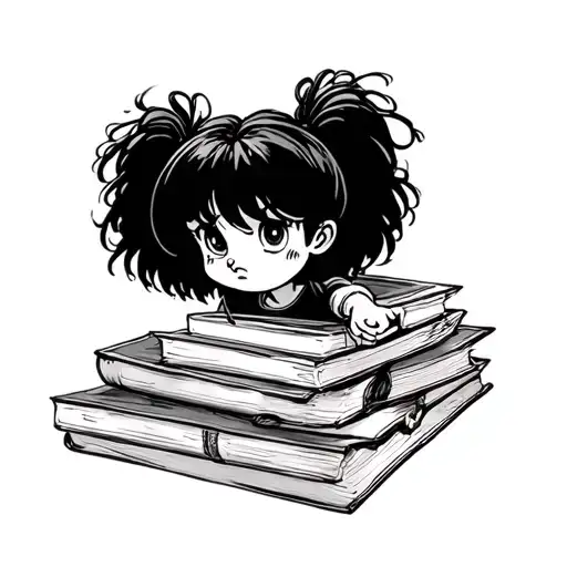 • Character: Mafalda with her messy hair and grumpy expression, just like the image. • Books: a pile of book - Variation 1