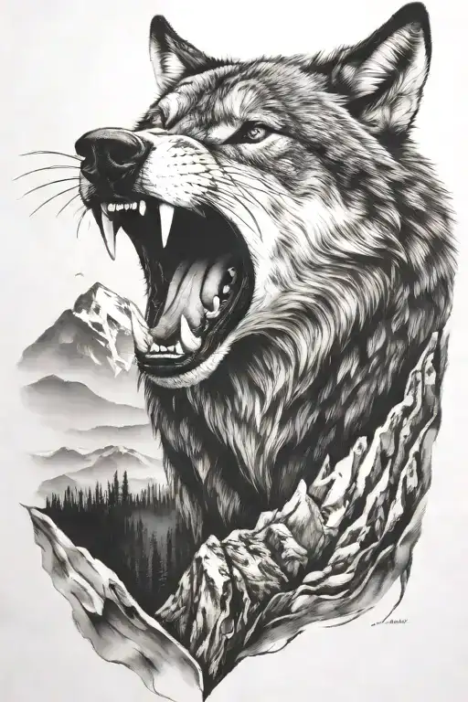growling wolf face and realistic rocky mountains inside