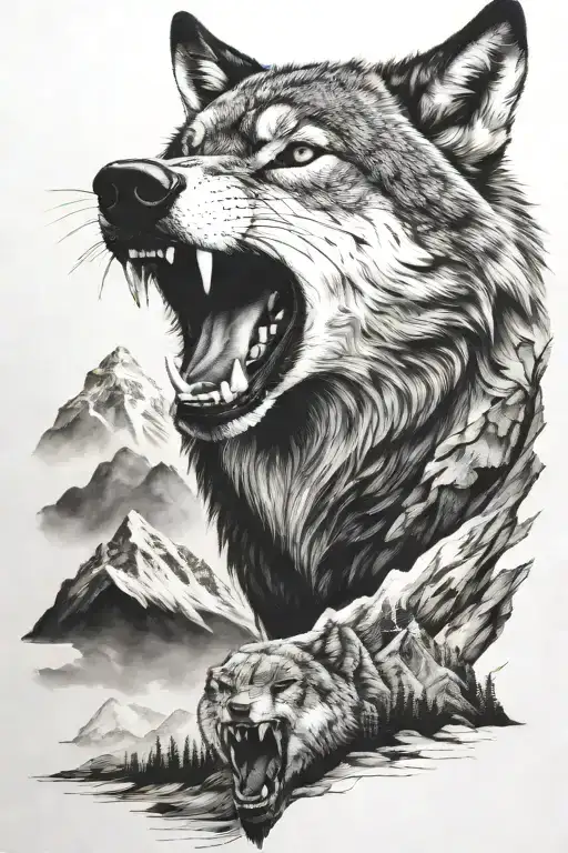 growling wolf face and realistic rocky mountains inside - Variation 2