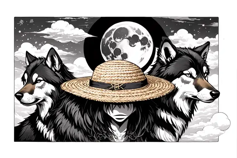 2 wolves surrounding luffy straw hat  + japanese style background and japanese cloud and moon, drawing anime style - Variation 2