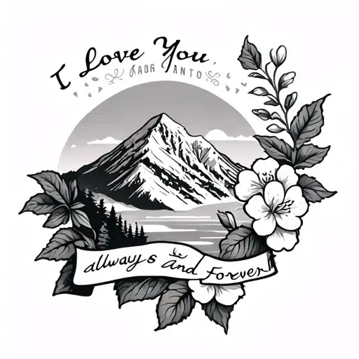 mt rainier with rhododendron flower and a banner that says "I love you, always and forever" - Variation 2