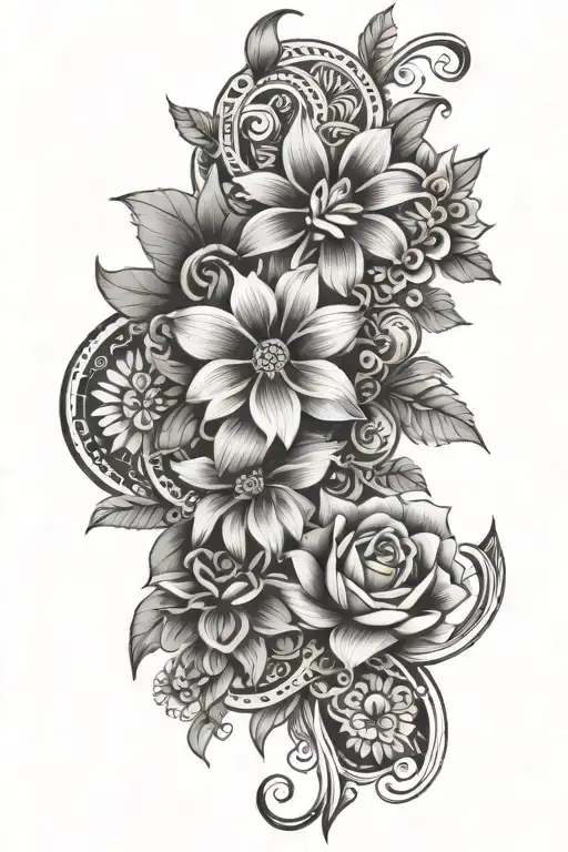 Haiti Tribal Patterns Half Sleeve, Haiti And Family Tattoo, Haiti With Vibrant Flowers
