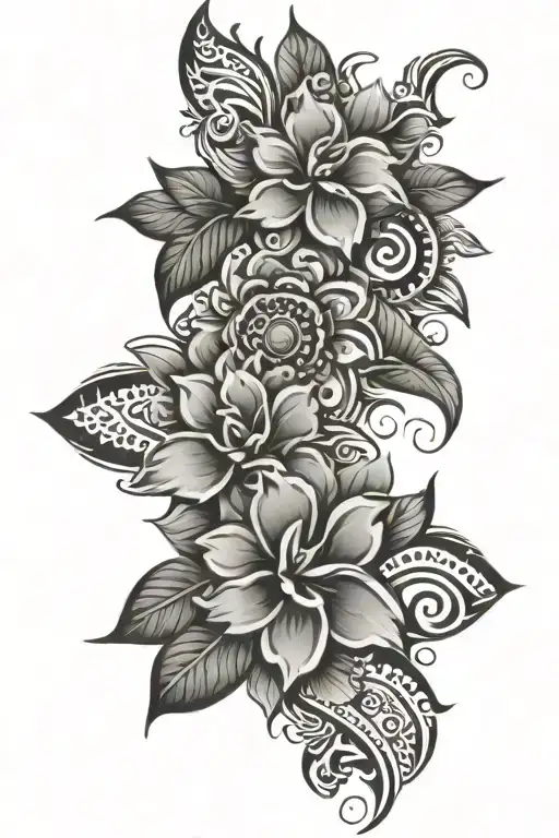 Haiti Tribal Patterns Half Sleeve, Haiti And Family Tattoo, Haiti With Vibrant Flowers - Variation 2