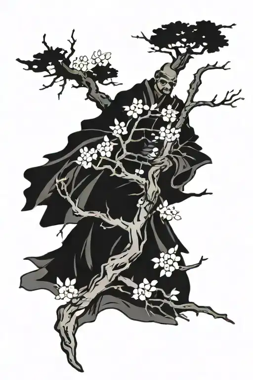 japones worrior with cherry blossom tree silhouette - Variation 2