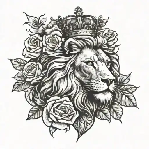 lion and crown with clouds and roses