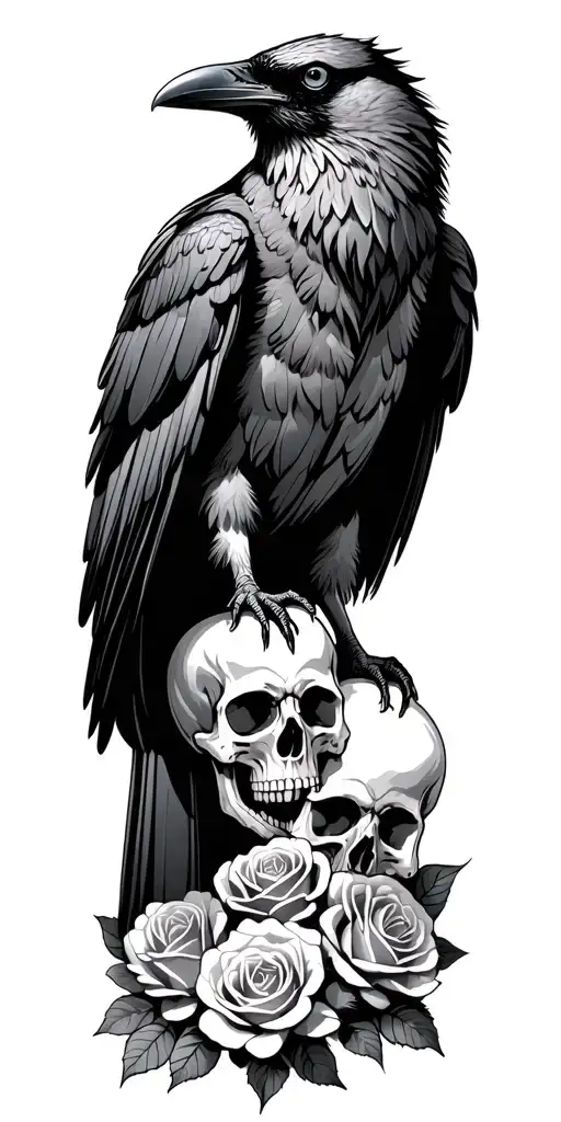 Raven standing on ground with skull and roses growing up