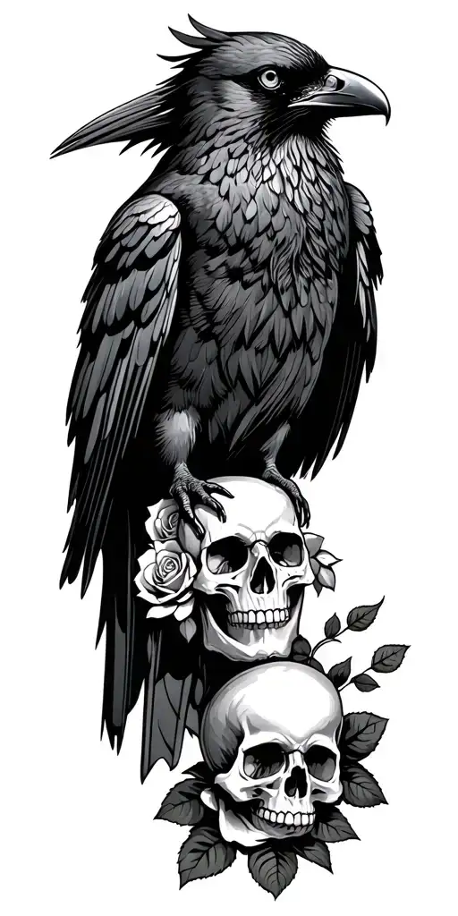 Raven standing on ground with skull and roses growing up - Variation 2