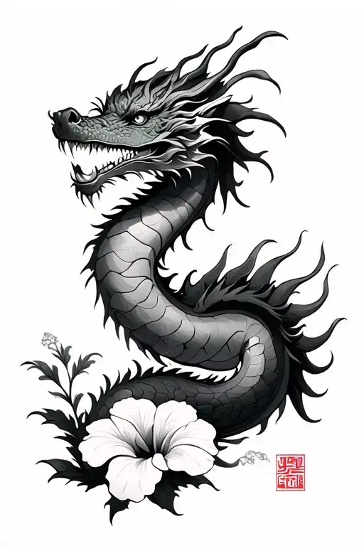 south Korean style dragon with Hibiscus syriacus - Variation 2
