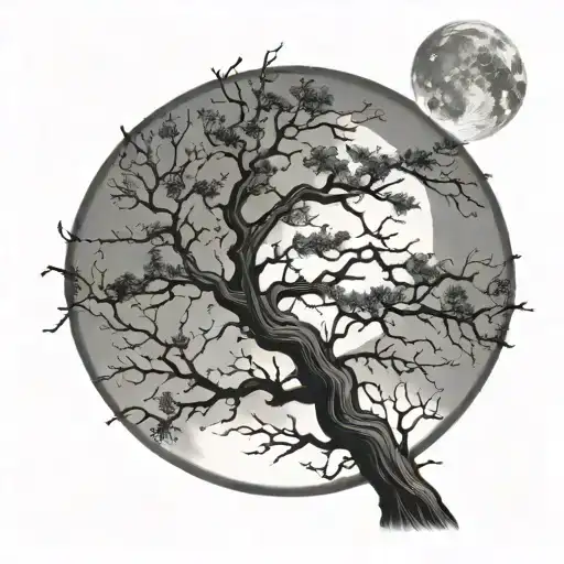 gothic dark twisted oak tree with full moon behind it 