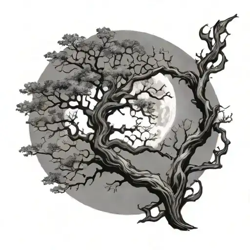 gothic dark twisted oak tree with full moon behind it  - Variation 3