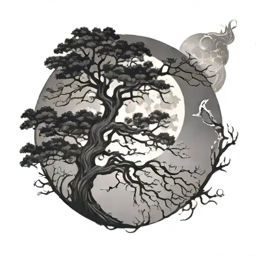 gothic dark twisted oak tree with full moon behind it  - Variation 4