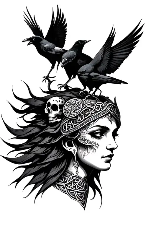 Celtic goddess head with crows and skulls - Variation 2