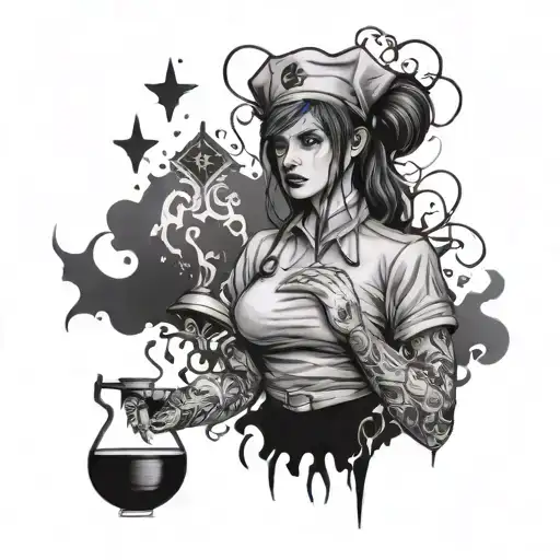 Create a black-grey tattoo of a nurse casting a spell with a background of black metal lyrics - Variation 1