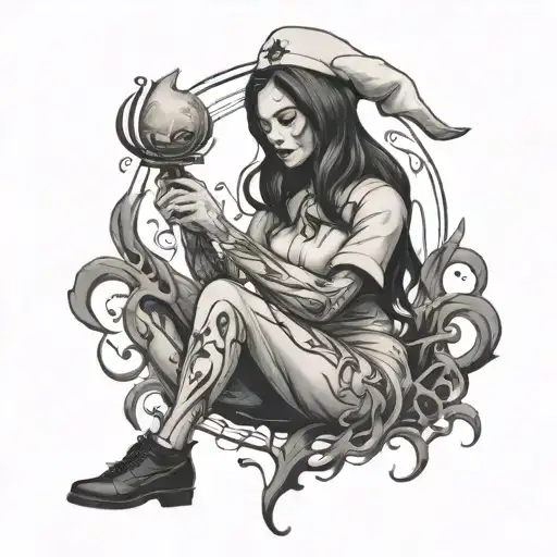 Create a black-grey tattoo of a nurse casting a spell with a background of black metal lyrics - Variation 2