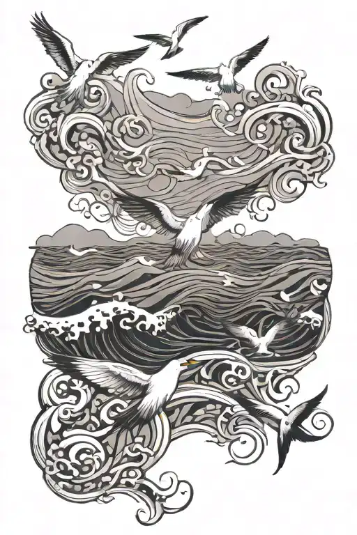 An abstract representation of the ocean with waves and seagulls, incorporating German calligraphy of a favorite quote
