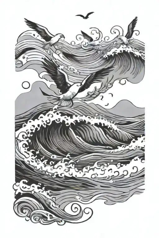 An abstract representation of the ocean with waves and seagulls, incorporating German calligraphy of a favorite quote - Variation 2
