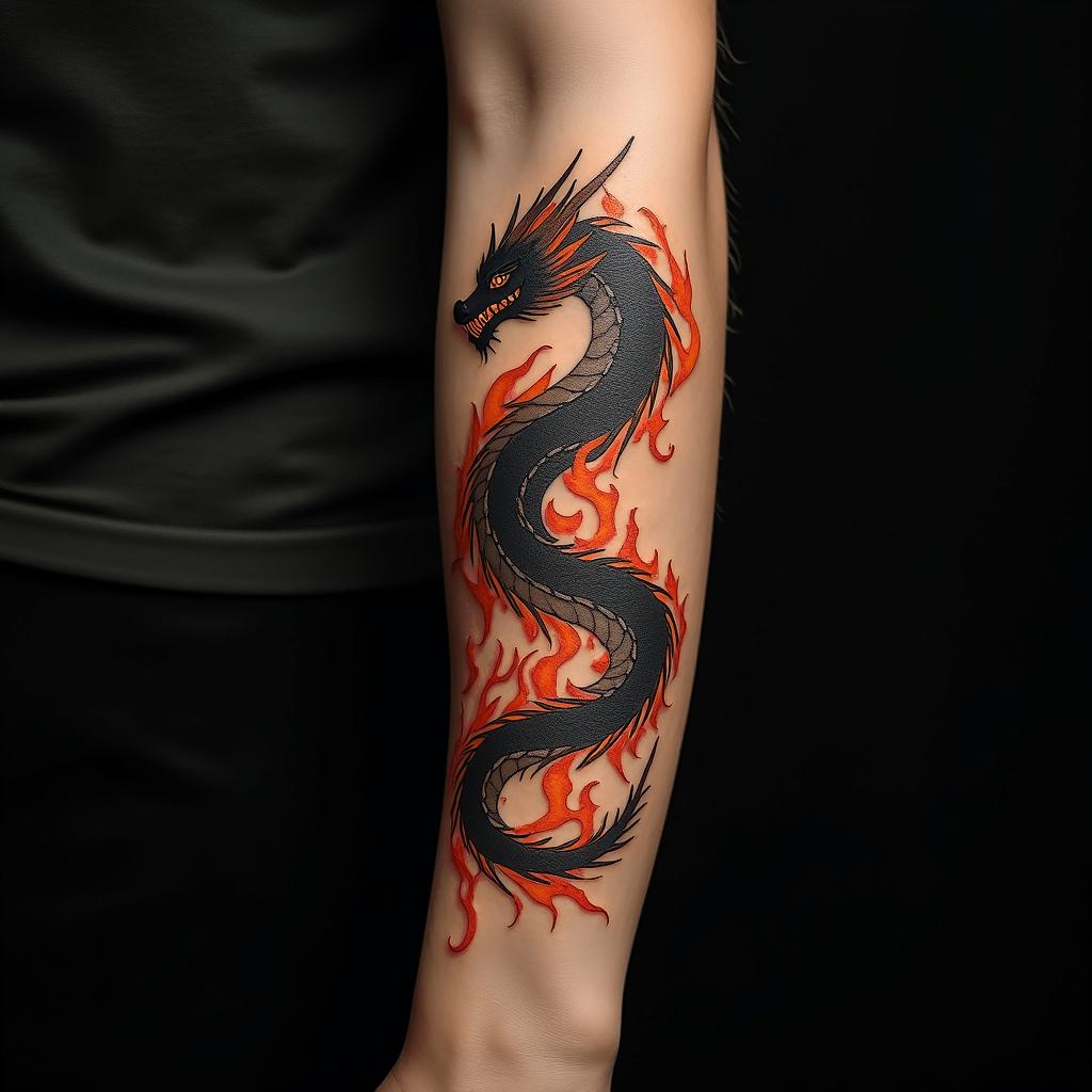 Dragonin flame tattoo style showcasing fiery elements with dynamic flame patterns, glowing effect of flames, natural colors - Variation 1