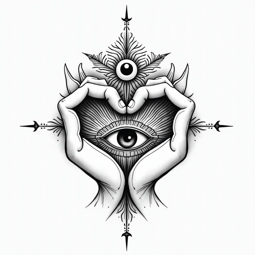 Love,couple forgiveness,blessedin spiritual symbols tattoo style, featuring an intricate design incorporating elements, Hamsa hand, third eye, minimalist composition