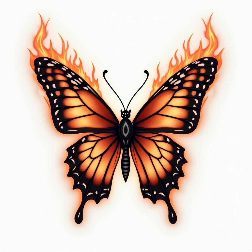Butterflyin flame tattoo style showcasing fiery elements with dynamic flame patterns, glowing effect of flames, natural colorsin flame tattoo style showcasing fiery elements with dynamic flame patterns, glowing effect of flames, natural colors - Variation 2