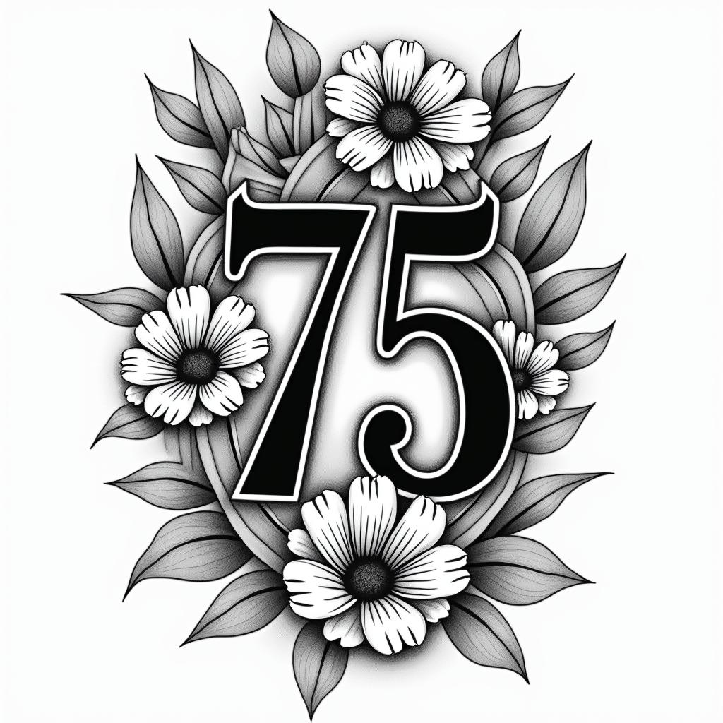 Black and white Tattoo with the title, Pride Of The Maine Flute Band have this wrapped around it with the number 75 in the middle with lilly flowers added inhigly detailed tattoo