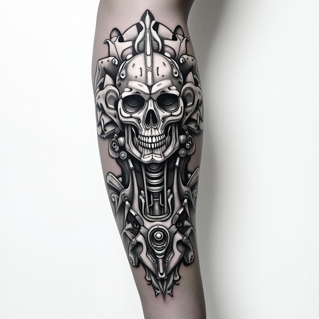 Snowflake armtattoo in biomechanic style, the tattoo covered by robotic elements of futuristic cyberpunk design, robotic features detail, showcasing intricate mechanical componentstattoo in biomechanic style, the tattoo covered by robotic elements of futuristic cyberpunk design, robotic features detail, showcasing intricate mechanical components - Variation 1