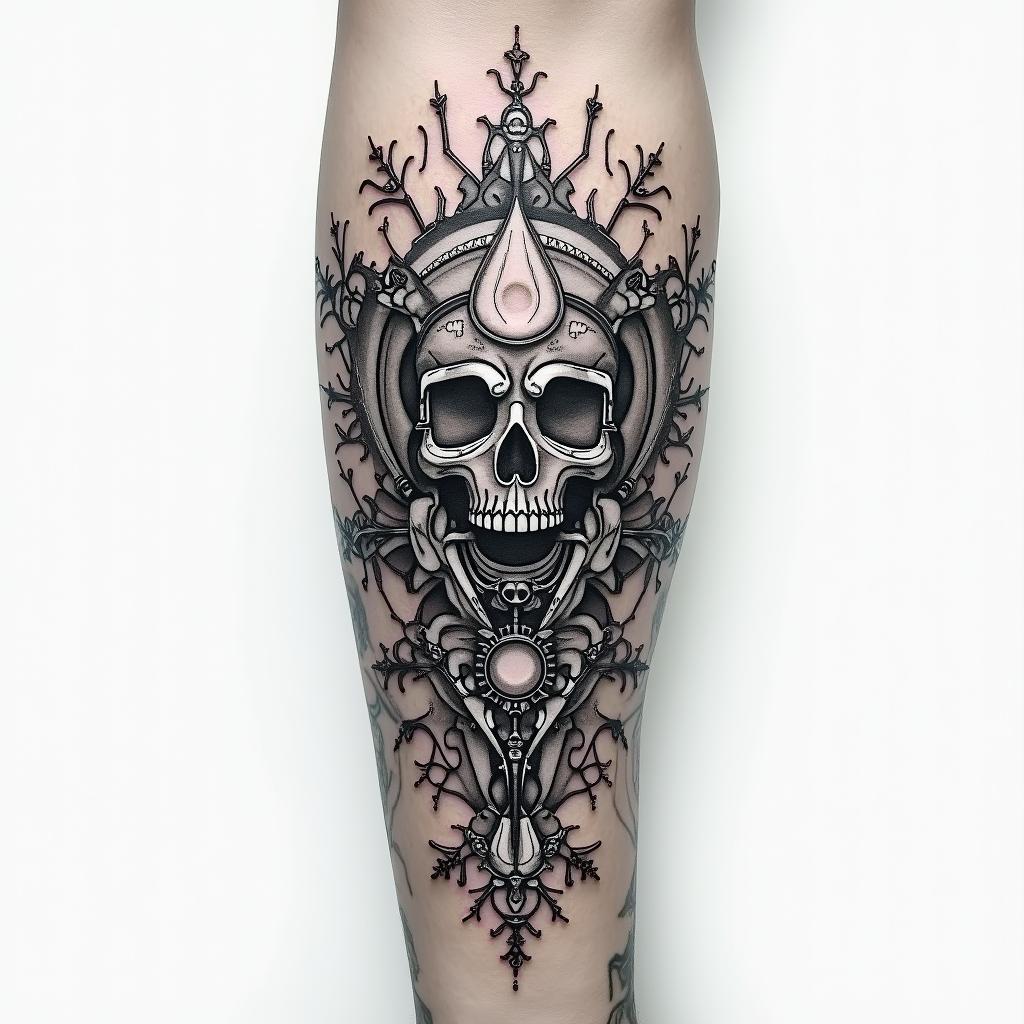 Snowflake armtattoo in biomechanic style, the tattoo covered by robotic elements of futuristic cyberpunk design, robotic features detail, showcasing intricate mechanical componentstattoo in biomechanic style, the tattoo covered by robotic elements of futuristic cyberpunk design, robotic features detail, showcasing intricate mechanical components - Variation 2
