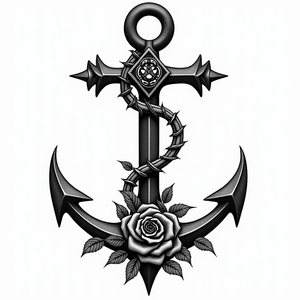 Anchor entwined with roses and thornsin paganic style tattoo, featuring ancient symbols, add vegvisir symbol, mystical figures, incorporating designs, pentagrams, runes, crescent moons,