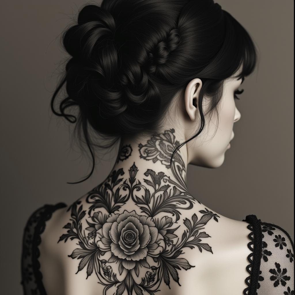 Redeepwaterin victorian style tattoo, featuring vintage and elegant elements, ornate frames, roses, antique, sepia-toned color scheme