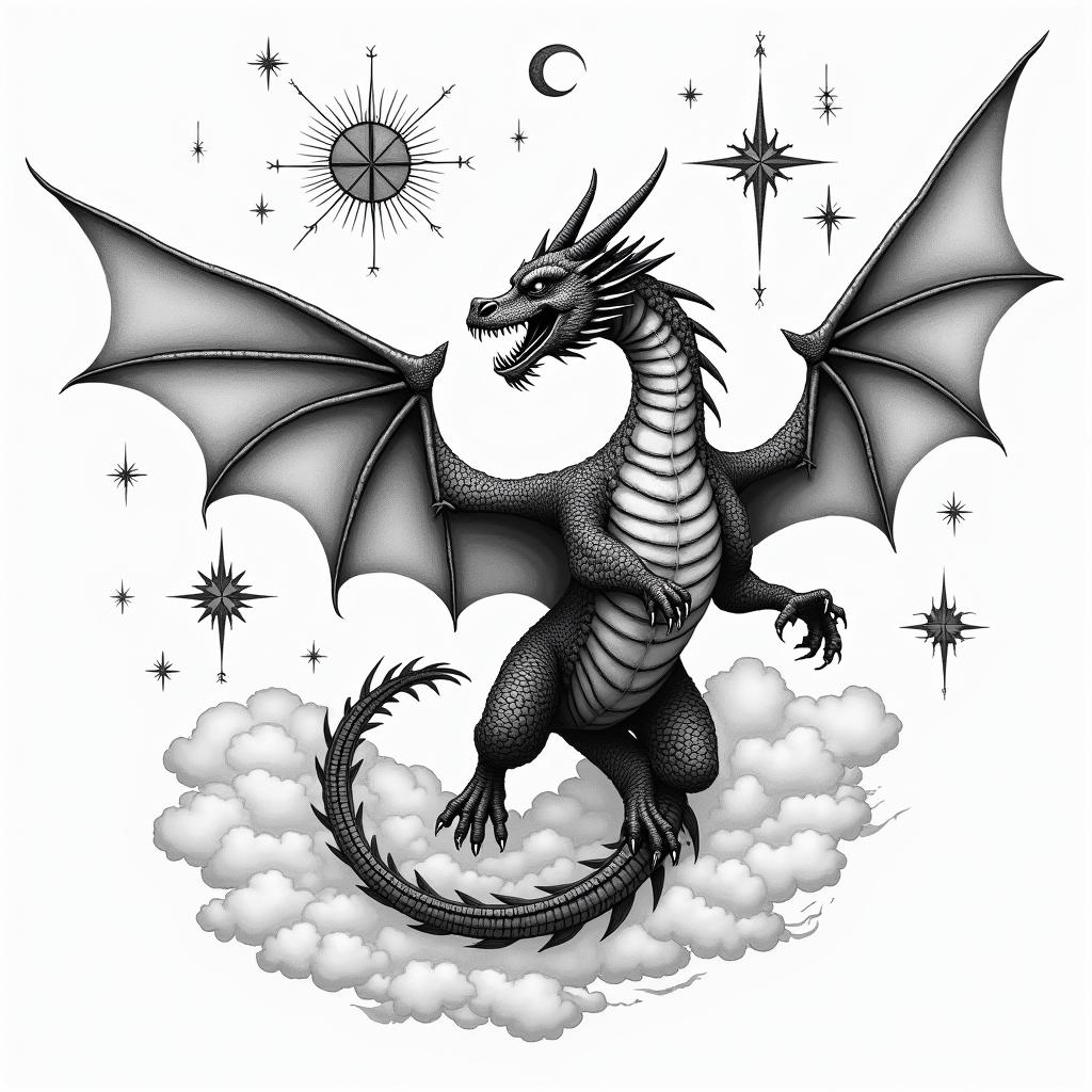 Whole Dragon, flying, stars, 
clouds, realistic, black and white, water color, view of back while flying through cloudsin prophecy tattoo style, featuring mystical symbols, celestial imagery like stars, moons, suns, geometric patterns, foretelling elements, an eye of wisdom