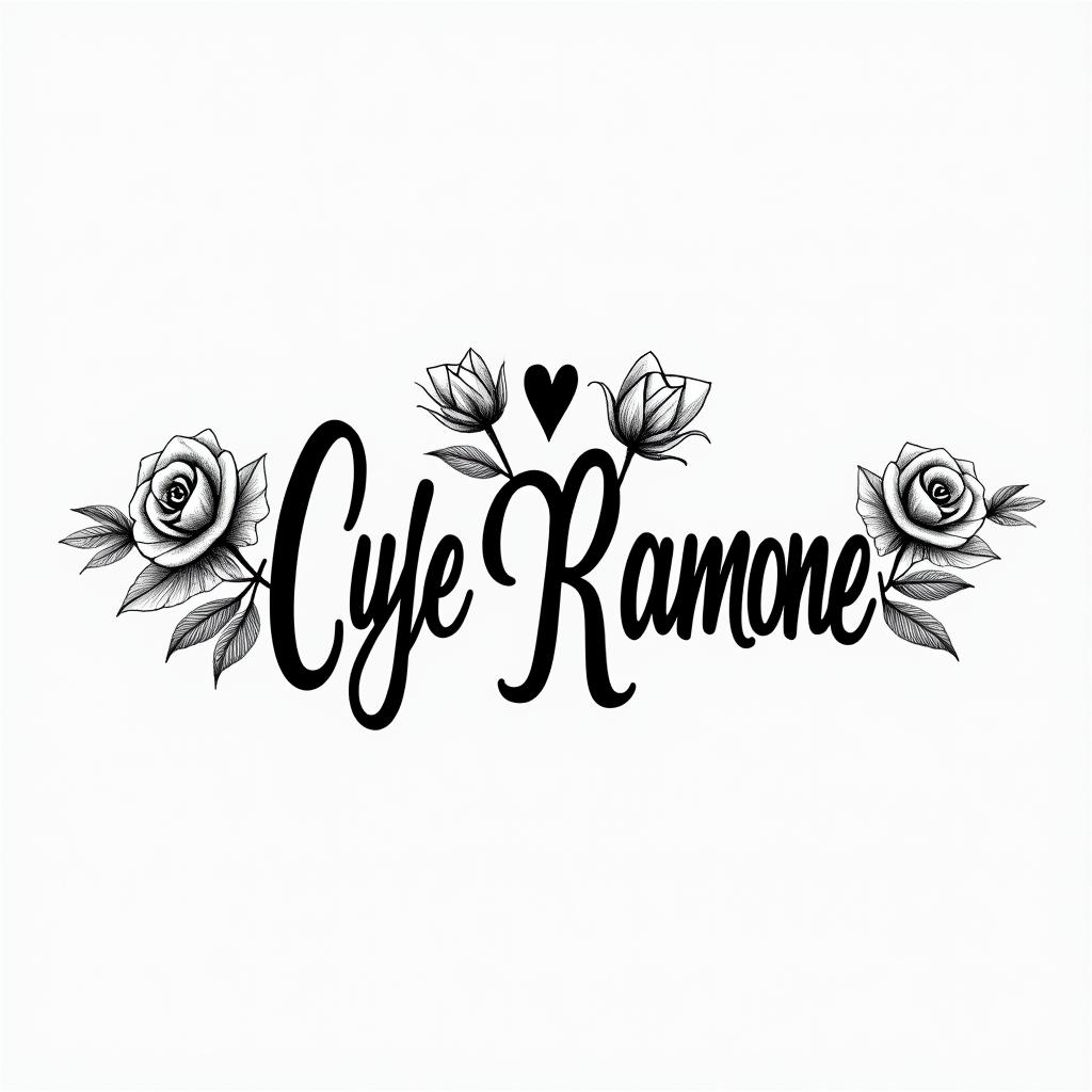 Name tattoo Cyle Ramone Cooneyin elegant cursive calligraphy style 2d tattoo, decorate with roses, featuring a smooth and flowing handwritten script with slightly thickened strokes for a luxurious and bold appearance,  heart symbol between names,  sleek and glossy black text with shadowing, minimalist matte white background, clean and sharp edges, illuminated with soft lighting, romantic, 8k, high-quality textures with refined typography