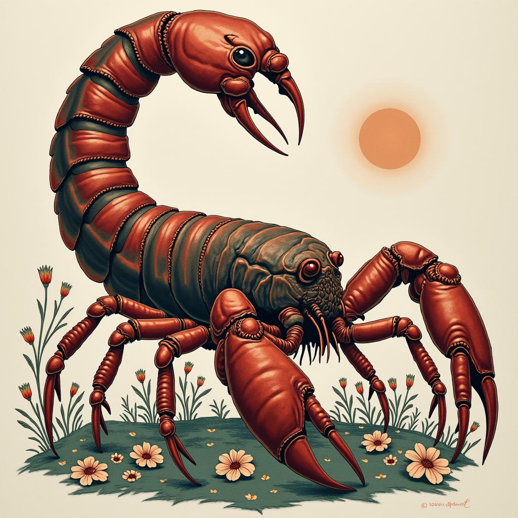 Giant scorpion in a gardenin Modest style tattoo, featuring soft, delicate line work with simple and meaningful symbols, gentle waves, a heart, evoking a sense of serenity and grace,