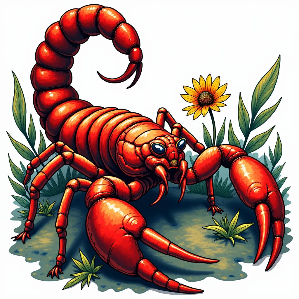 Giant scorpion in a gardenin pop art style tattoo, featuring bold and vibrant colors, exaggerated outlines, iconic imagery, inspired by comic books and speech bubbles, comic book characters, retro pop culture - Variation 2