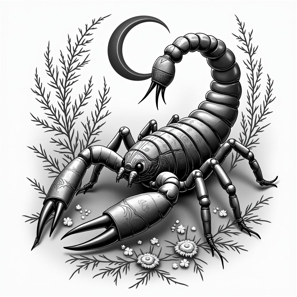 Giant scorpion in a gardenin paganic style tattoo, featuring ancient symbols, add vegvisir symbol, mystical figures, incorporating designs, pentagrams, runes, crescent moons,