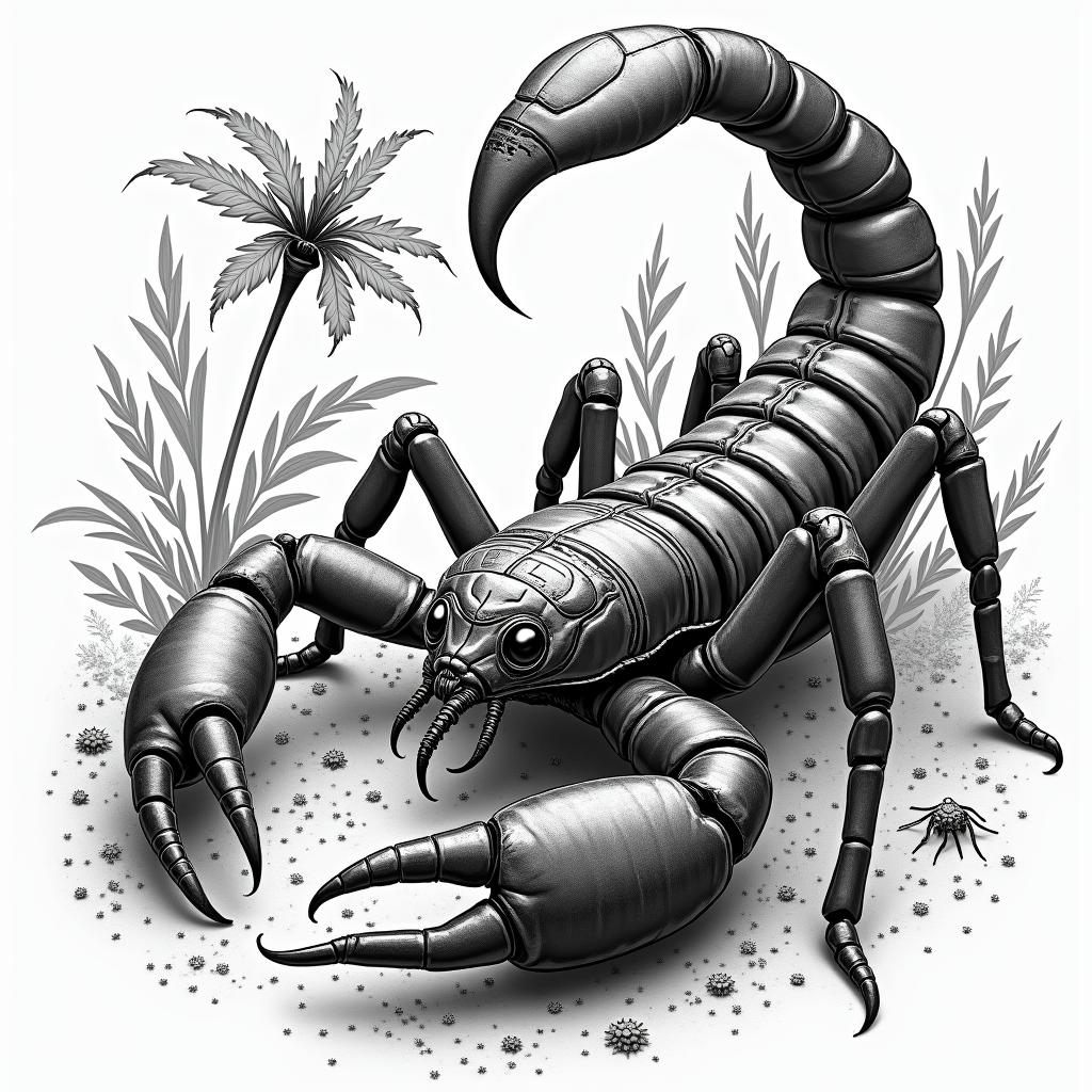 Giant scorpion in a gardenin egyptian style tattoo, bold elements of ancient egyptian culture including a portrait of an Egyptian pharaoh with detailed facial features, in hieroglyphs and symbolic imagery, eye of horus, ankh symbol, scarab beetle