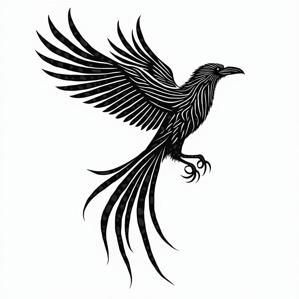 Mid flight side profile of bird with head and body of raven. With the
 long tail of phoenix.in tribal tattoo style, featuring bold and black geometric shapes, curved lines, intertwine and flow seamlessly, creating a powerful and symbolic design, polynesian and maori styles