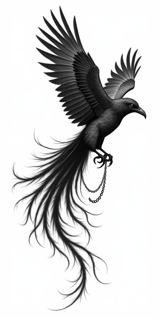 Mid flight left side profile of bird with head and body of raven and a very long swooping s shaped tail of phoenix.in chicano style tattoo, featuring intricate black and grey shading, bold elements of traditional chicano culture symbols, add a big cross with skull, chains and roses