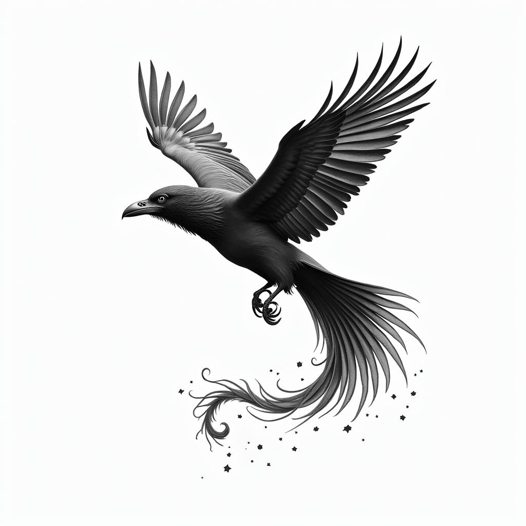 Mid flight left side profile of bird with head and body of raven and a very long  swooping s shaped tail of phoenix.in new school tattoo, pop culture, modern, detailed tattoo, illustrative