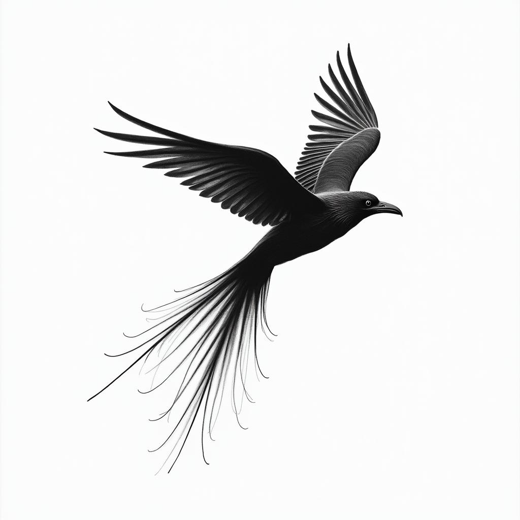 Mid flight left side profile of bird with head and body of raven and a very long  swooping s shaped tail of phoenix.in minimalist style tattoo, featuring simple shapes and fine lines, with minimal shading and details, tiny triangles, creating a sense of balance and harmonyin minimalist style tattoo, featuring simple shapes and fine lines, with minimal shading and details, tiny triangles, creating a sense of balance and harmony - Variation 3
