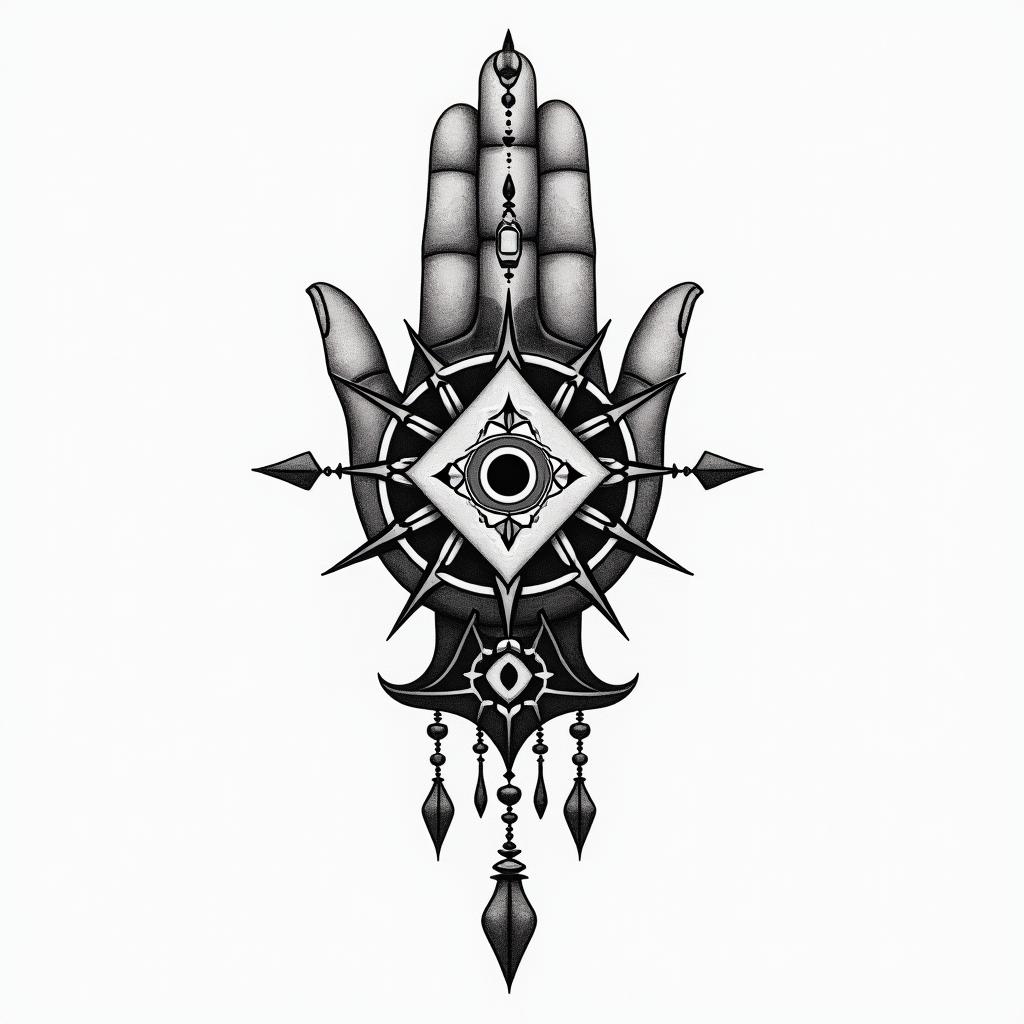 Gomez 1999 Librain spiritual symbols tattoo style, featuring an intricate design incorporating elements, Hamsa hand, third eye, minimalist composition - Variation 2